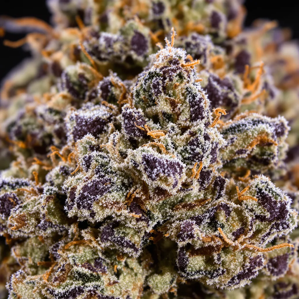 Primer plano de cogollo de cannabis Hood Candy mostrando cálices densos con tonos morados