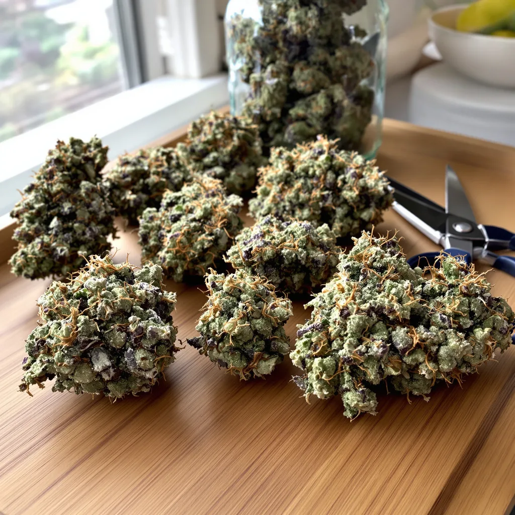 Huckleberry 50% indica / 50% sativa — flor con tricomas visibles