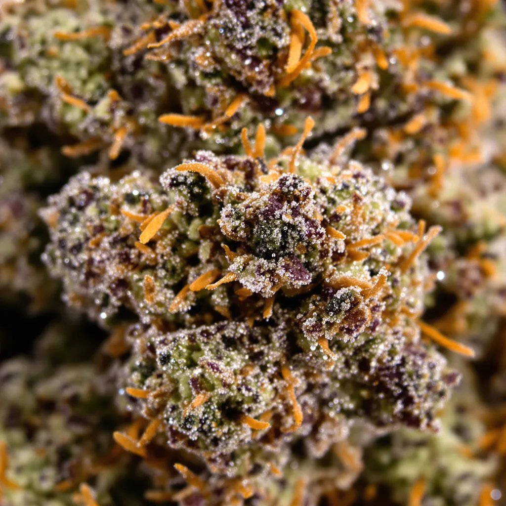 Primer plano de cogollo de cannabis Humboldt Dream mostrando cálices densos con tonos morados