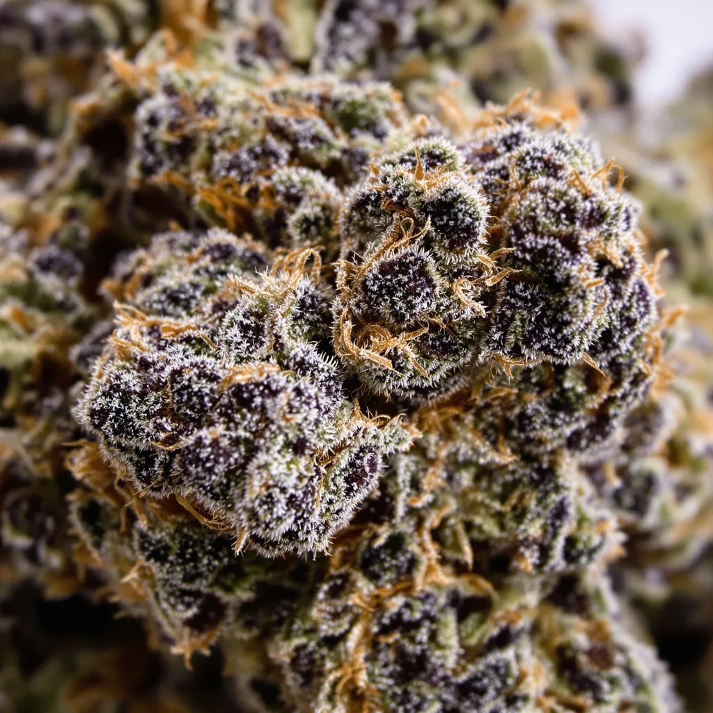 Primer plano de cogollo de cannabis Humboldt Headband mostrando cálices densos con tonos morados