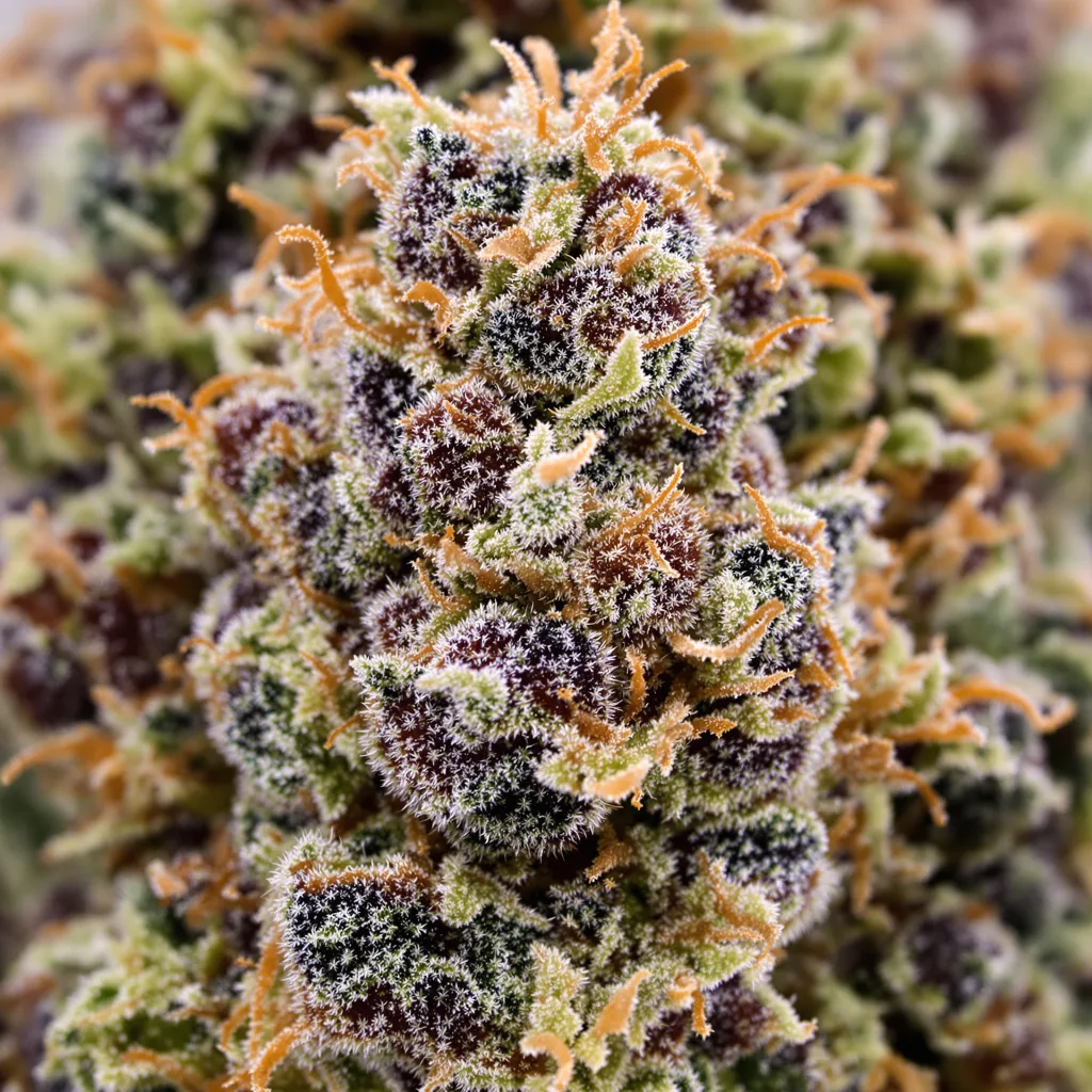 Primer plano de cogollo de cannabis Hyper Critical mostrando cálices densos con tonos morados