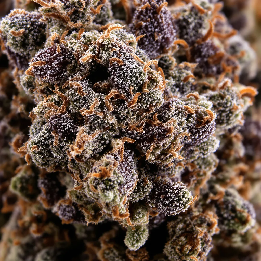 Primer plano de cogollo de cannabis Hyper Critical mostrando cálices densos con tonos morados