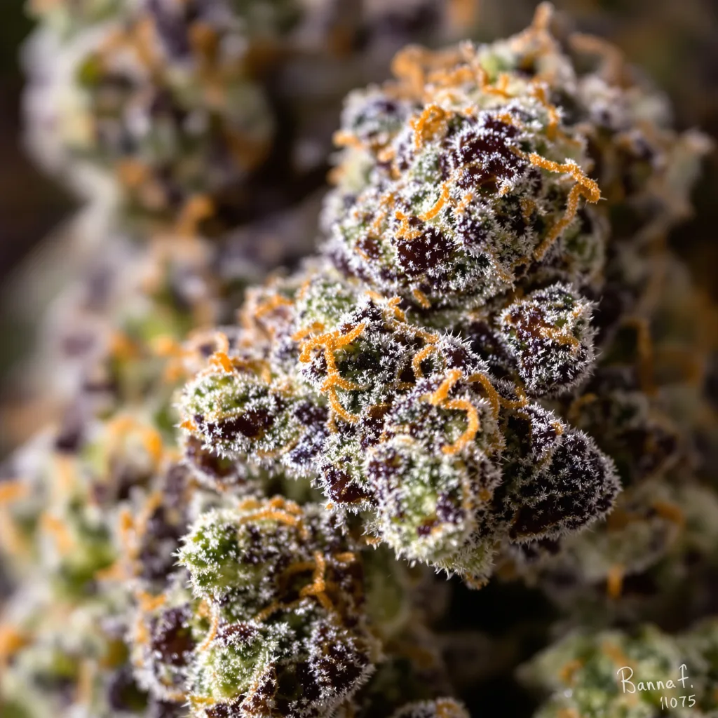 Primer plano de cogollo de cannabis Ice Cream Cake mostrando cálices densos con tonos morados