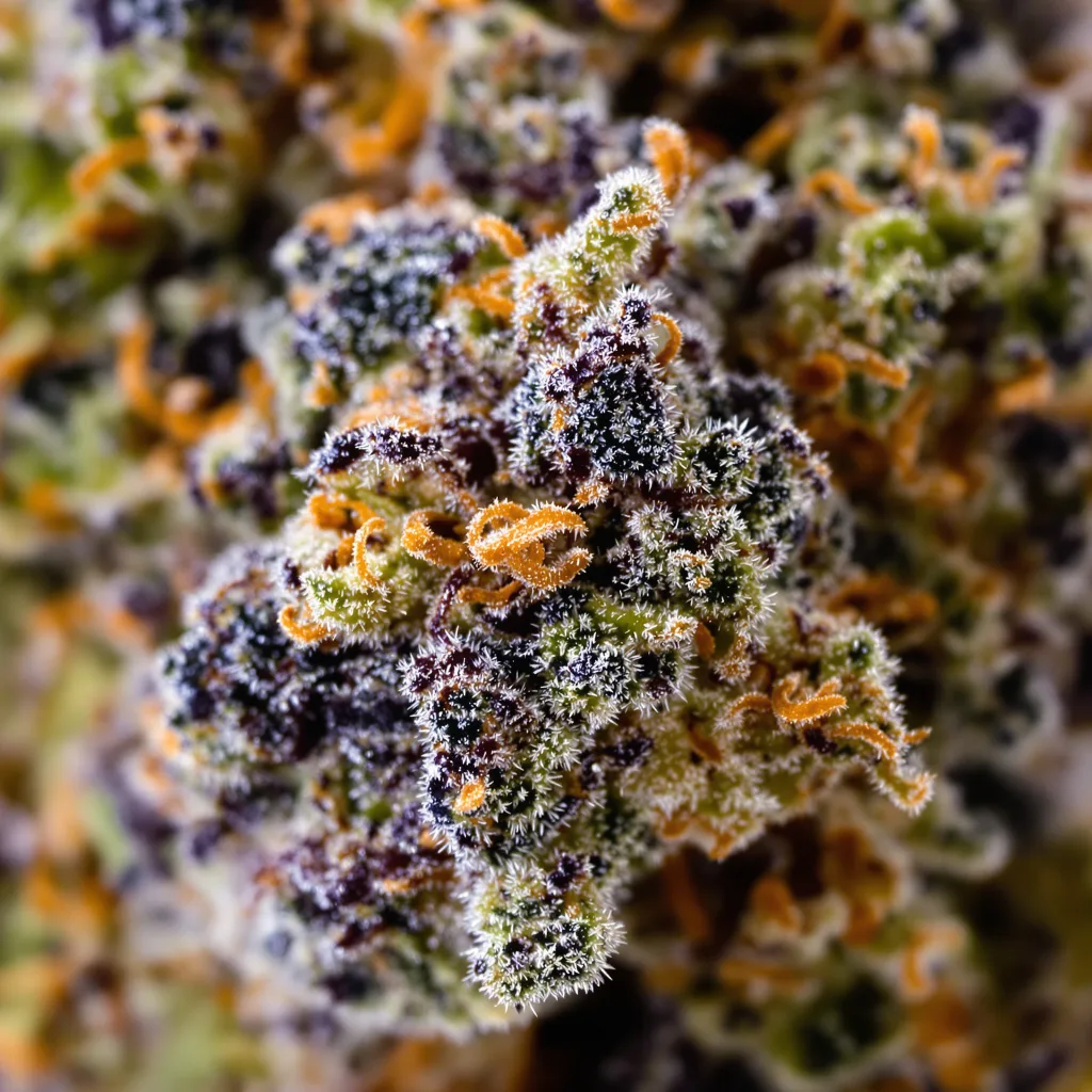 Primer plano de cogollo de cannabis Ice mostrando cálices densos con tonos morados