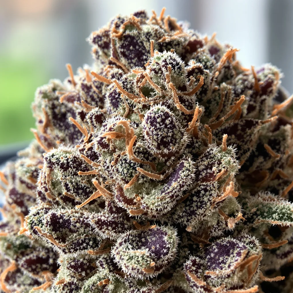 Primer plano de cogollo de cannabis Illuminati OG mostrando cálices densos con tonos morados