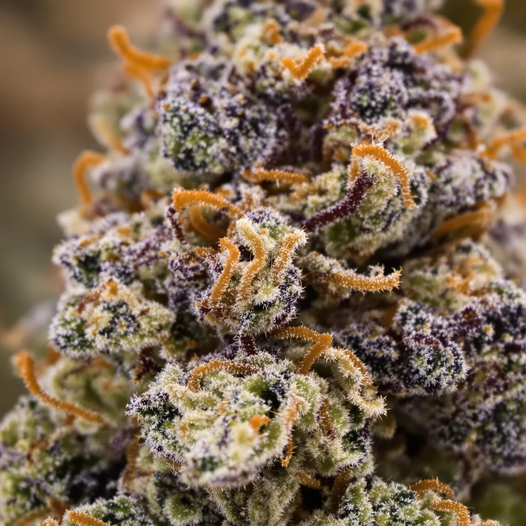 Primer plano de cogollo de cannabis Illuminati OG mostrando cálices densos con tonos morados