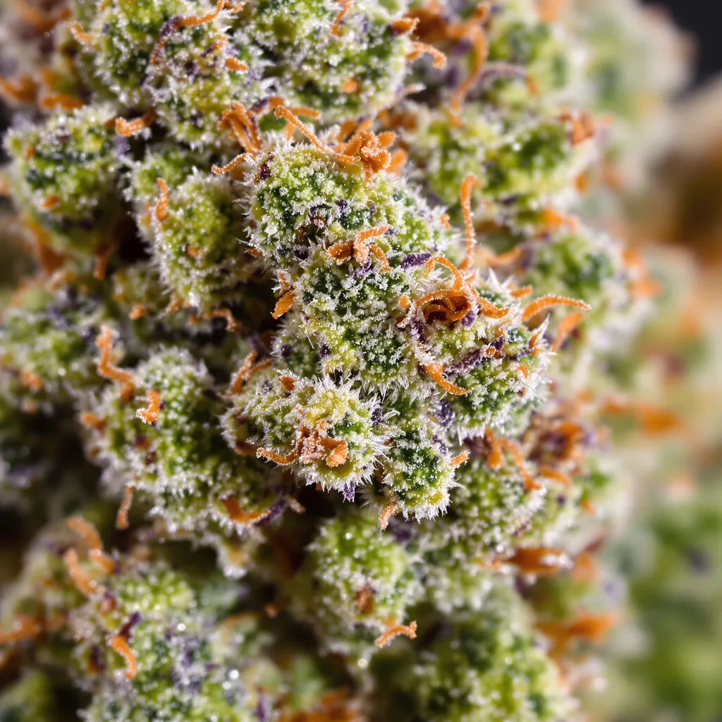Primer plano de cogollo de cannabis Incredible Bulk mostrando estructura abierta con pistilos naranjas