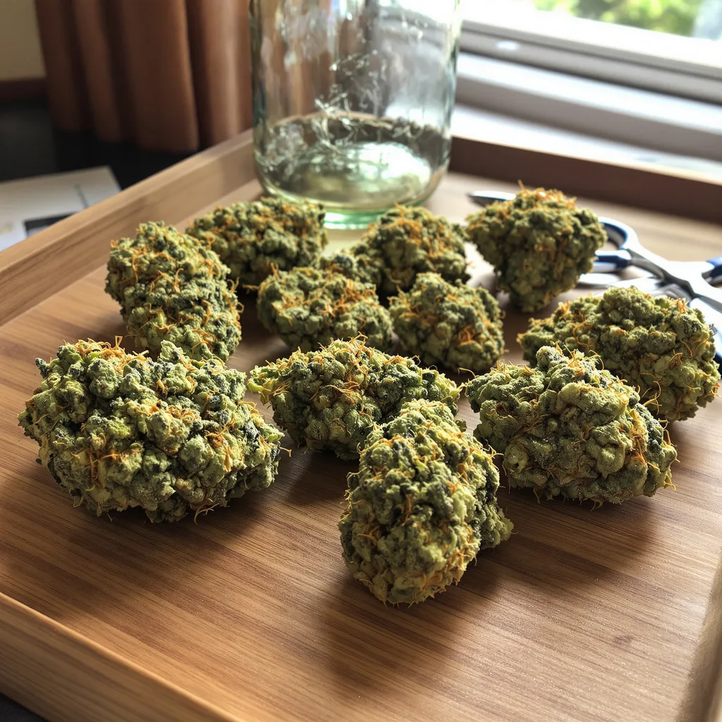 Island Sweet Skunk 25% indica / 75% sativa — flor con tricomas visibles