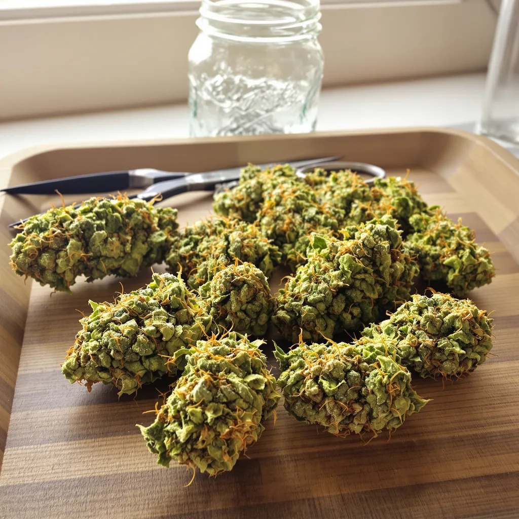 Island Sweet Skunk 25% indica / 75% sativa — flor con tricomas visibles