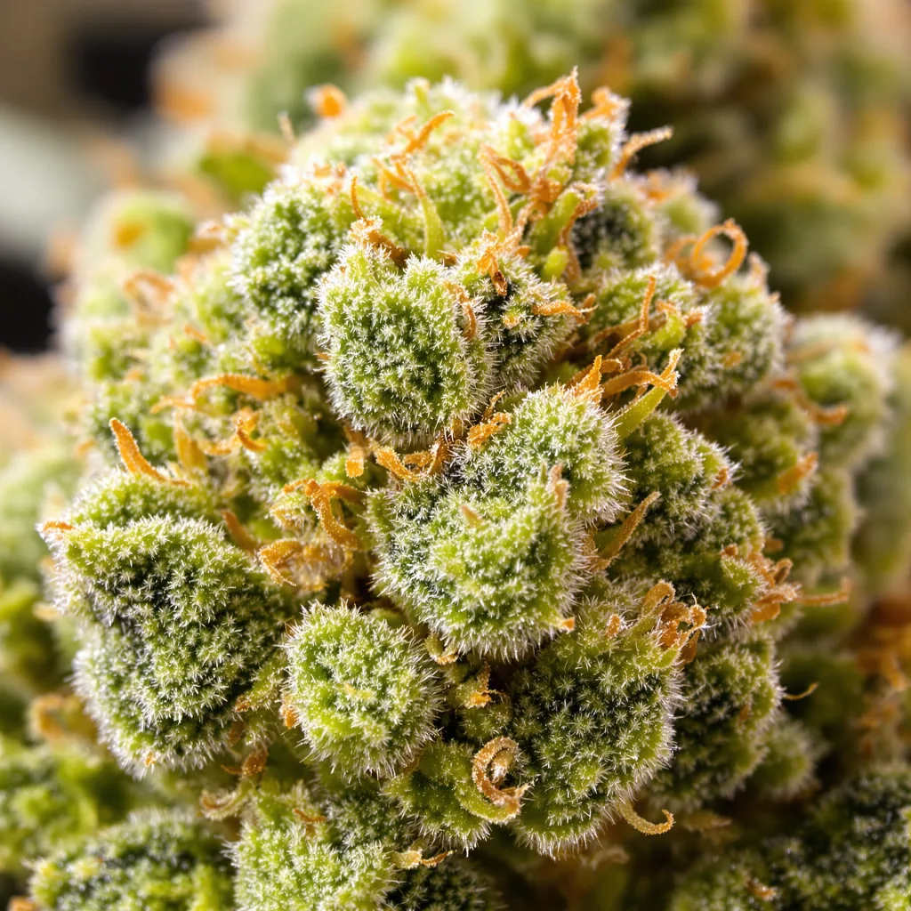 Primer plano de cogollo de cannabis Island Sweet Skunk mostrando estructura aireada verde lima