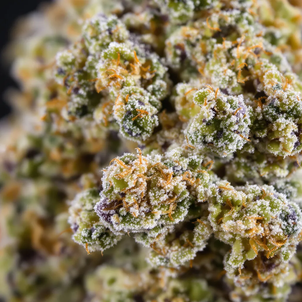 Primer plano de cogollo de cannabis J1 mostrando estructura abierta con pistilos naranjas