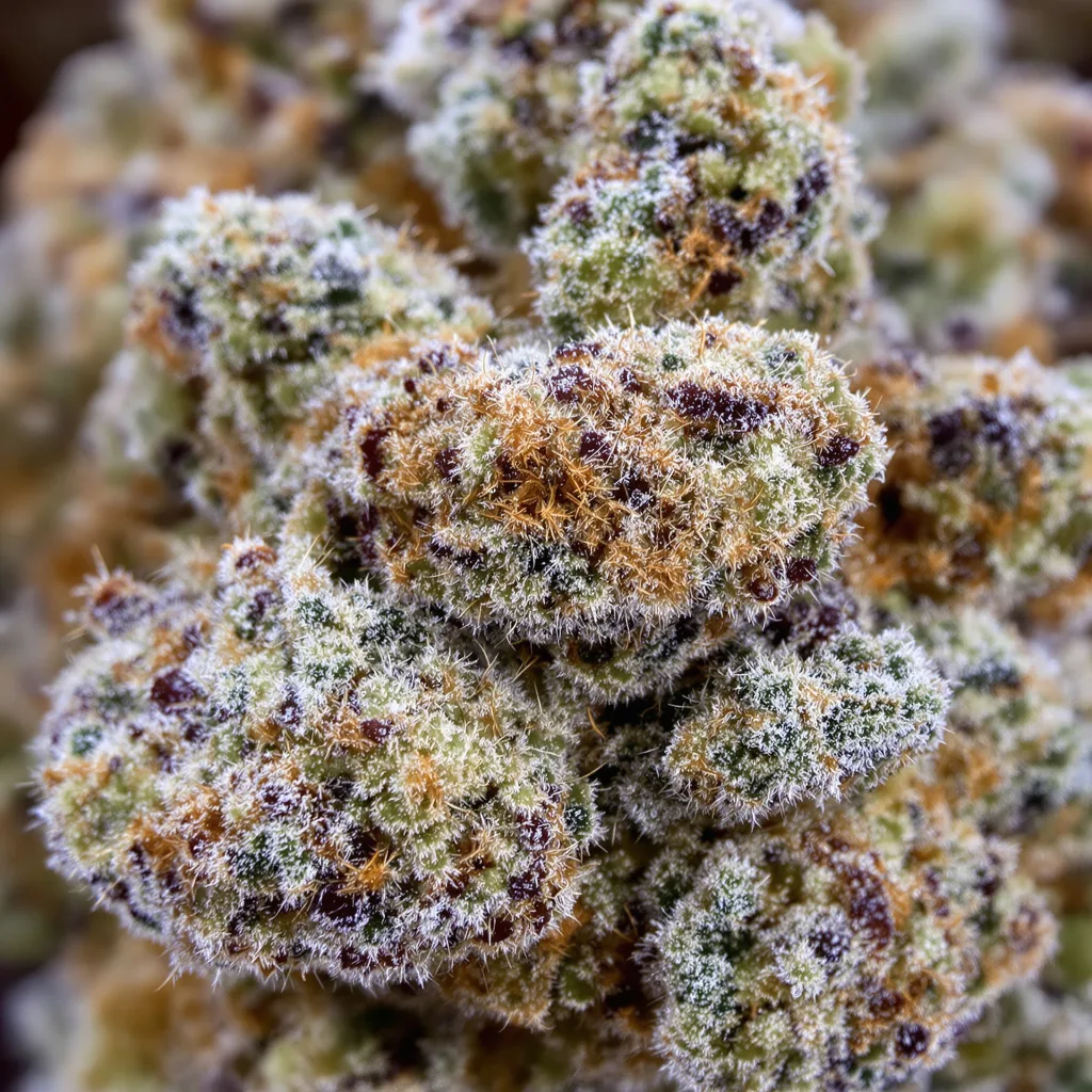Primer plano de cogollo de cannabis Jack Frost mostrando estructura equilibrada con tricomas escarchados