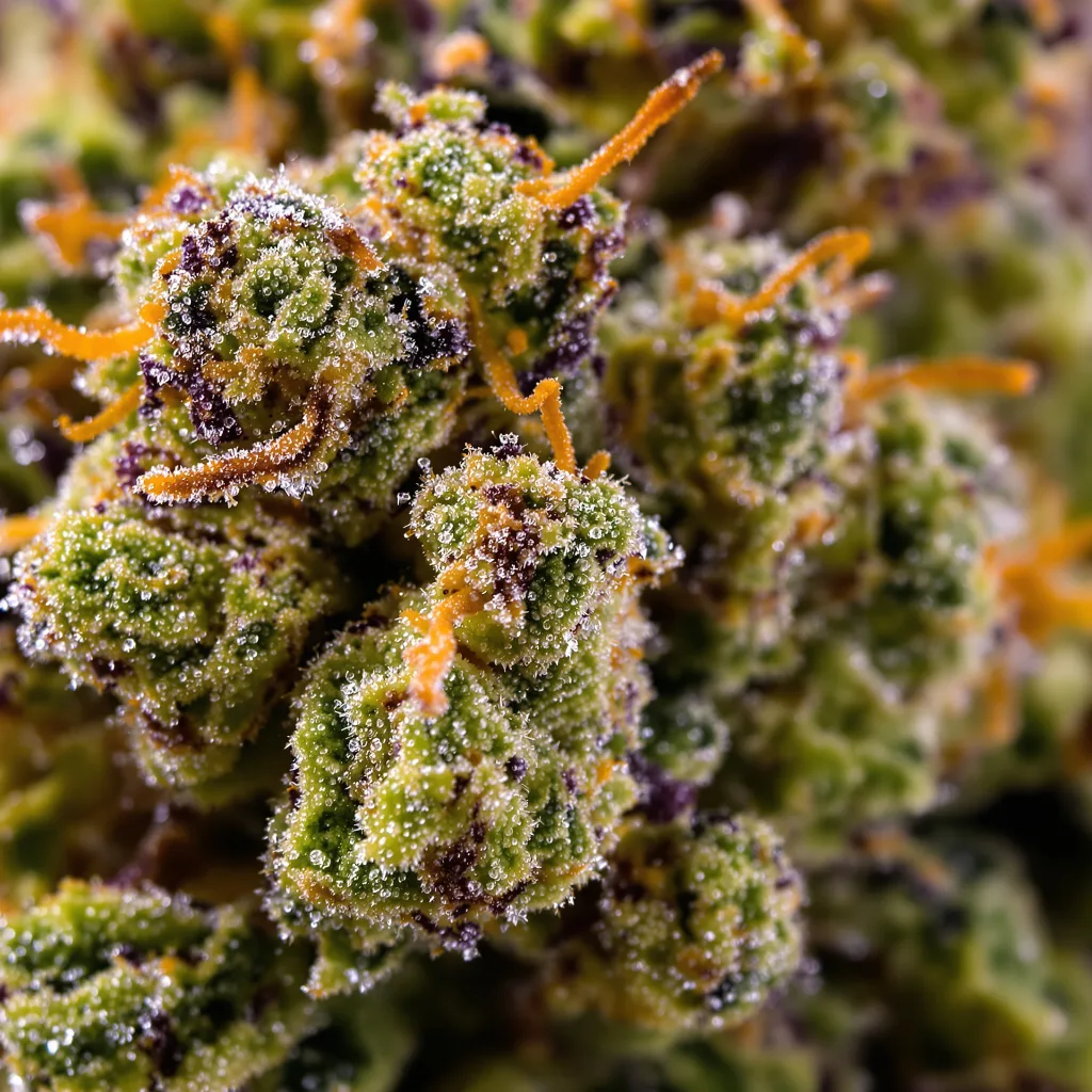 Primer plano de cogollo de cannabis Jack Herer mostrando estructura equilibrada con tricomas escarchados