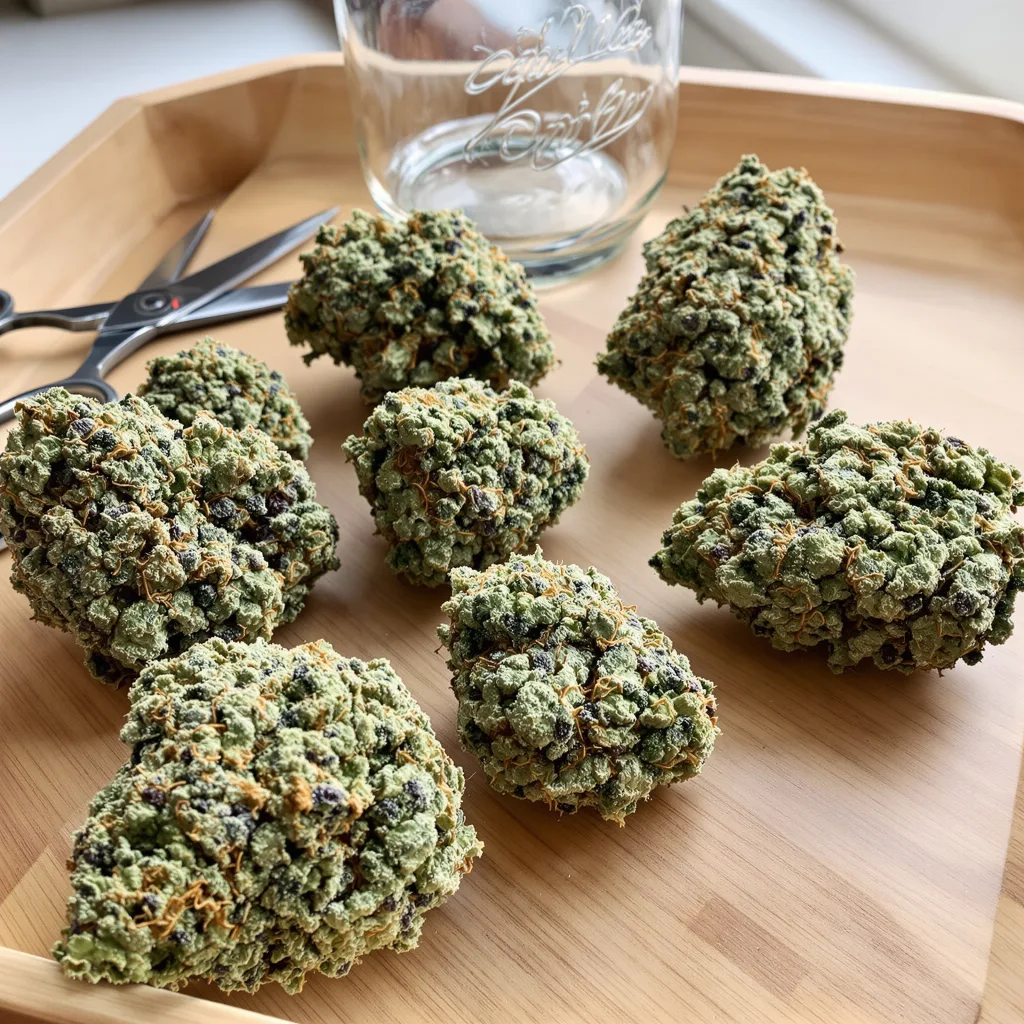 Jacked-Up 50% indica / 50% sativa — flor con tricomas visibles