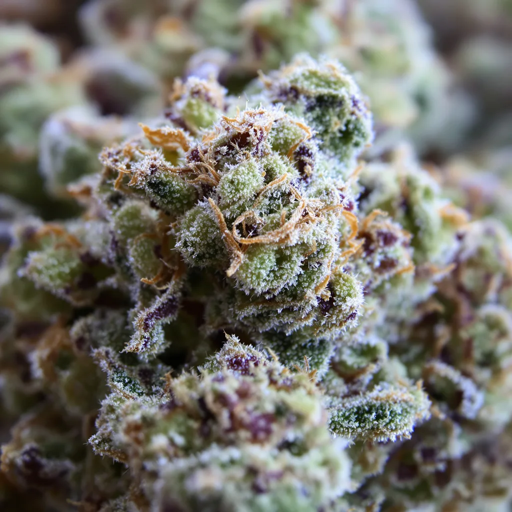 Primer plano de cogollo de cannabis Jacked-Up mostrando estructura equilibrada con tricomas escarchados
