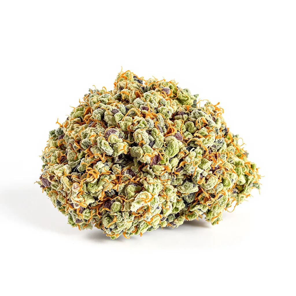 Jacked-Up 50% indica / 50% sativa — flor con tricomas visibles