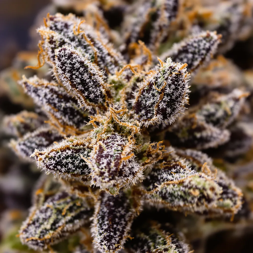Primer plano de cogollo de cannabis Jager mostrando cálices densos con tonos morados