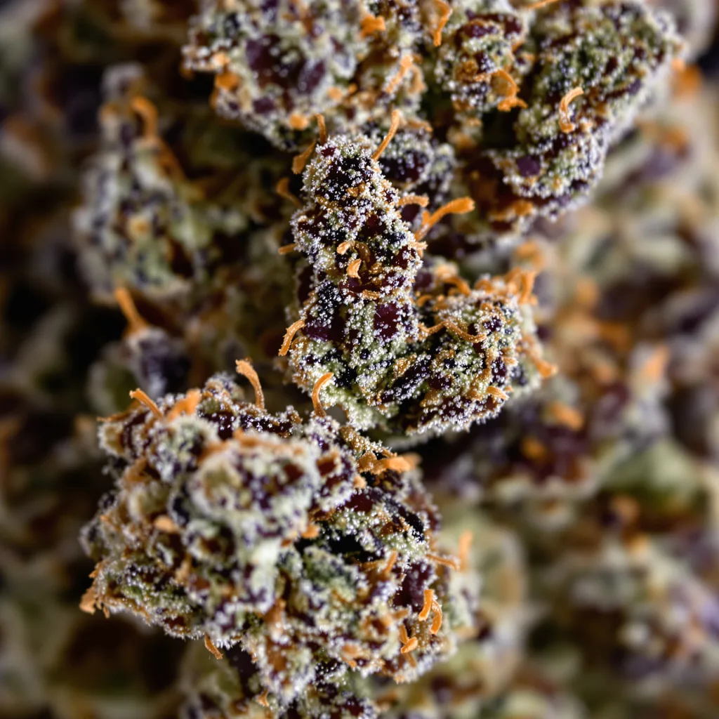 Primer plano de cogollo de cannabis Jager mostrando cálices densos con tonos morados