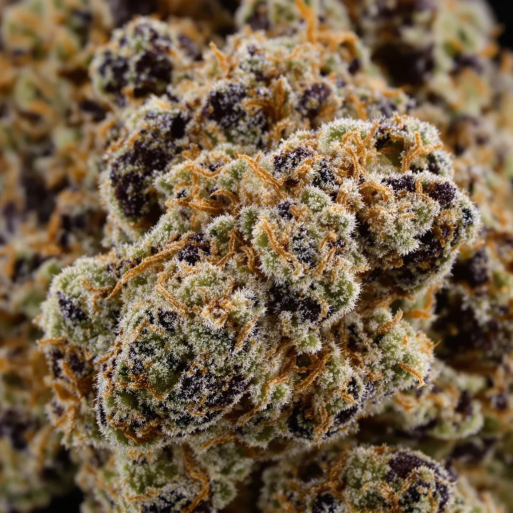 Primer plano de cogollo de cannabis Jedi Cookies mostrando cálices densos con tonos morados