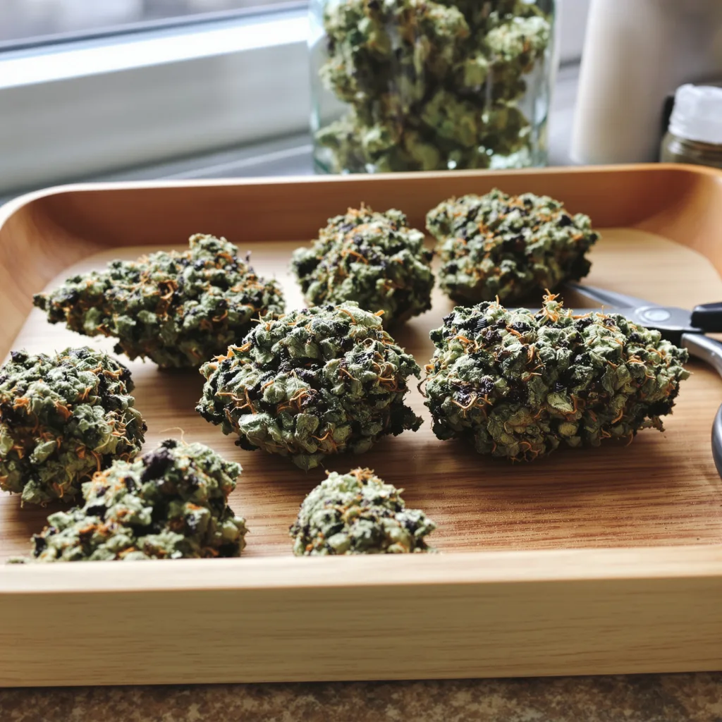 Jedi Kush 90% indica / 50% sativa — flor con tricomas visibles
