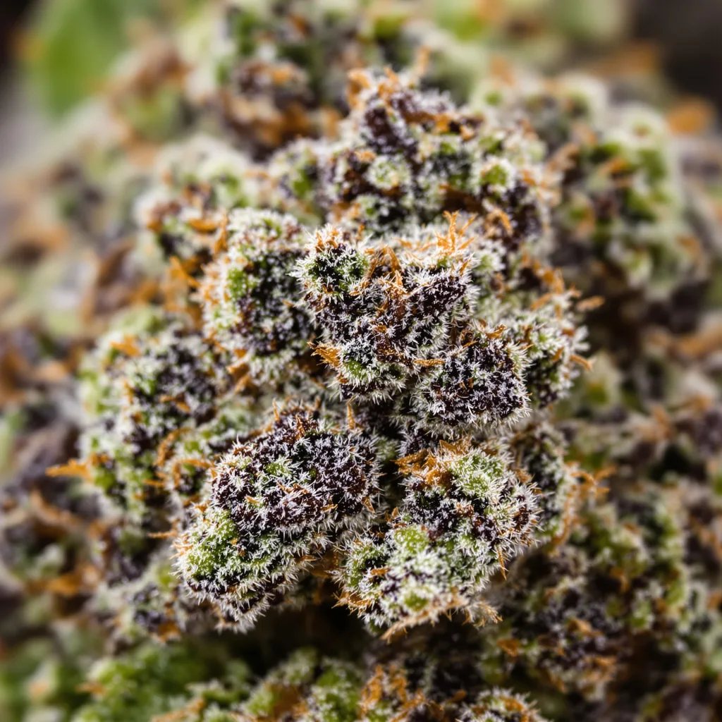 Primer plano de cogollo de cannabis Jedi Kush mostrando cálices densos con tonos morados