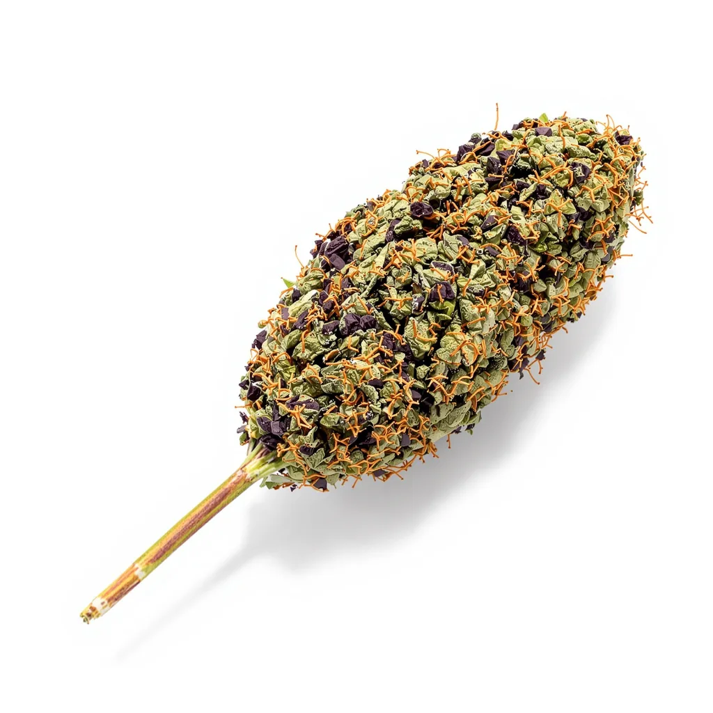 Jedi Kush 90% indica / 50% sativa — flor con tricomas visibles