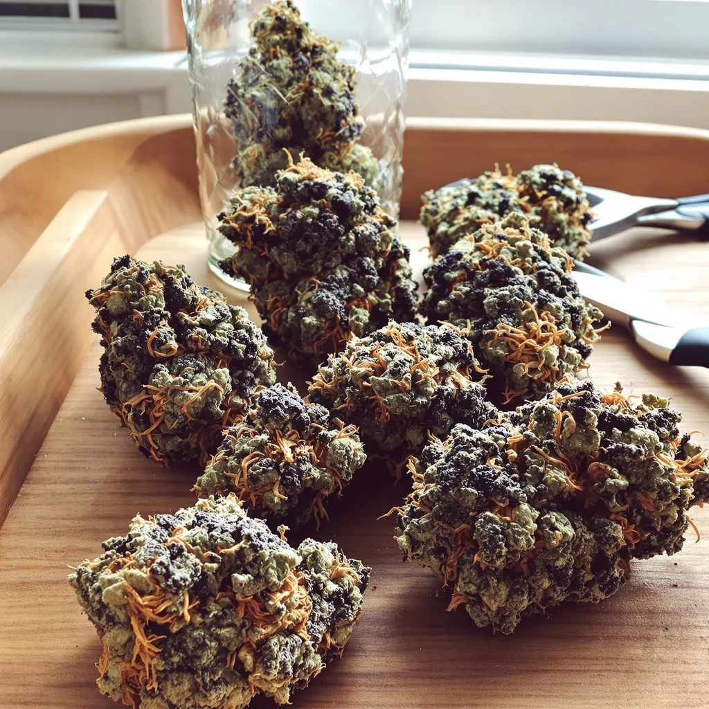 Jedi Kush 90% indica / 50% sativa — flor con tricomas visibles