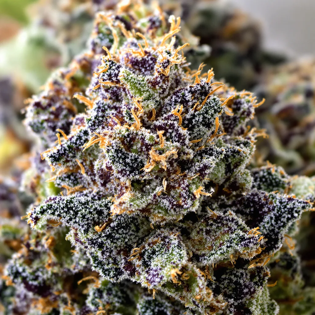 Primer plano de cogollo de cannabis Jedi Kush mostrando cálices densos con tonos morados