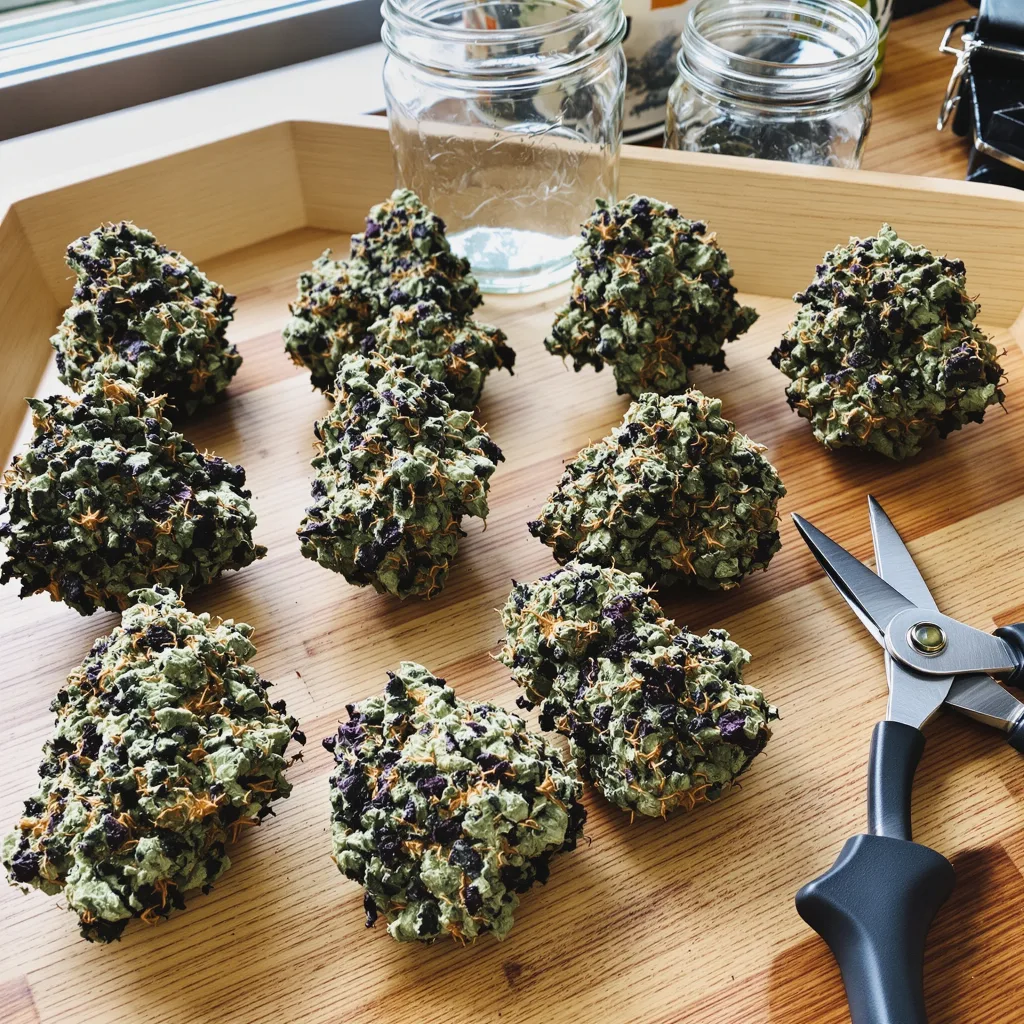 Jelly Roll 72% indica / 28% sativa — flor con tricomas visibles