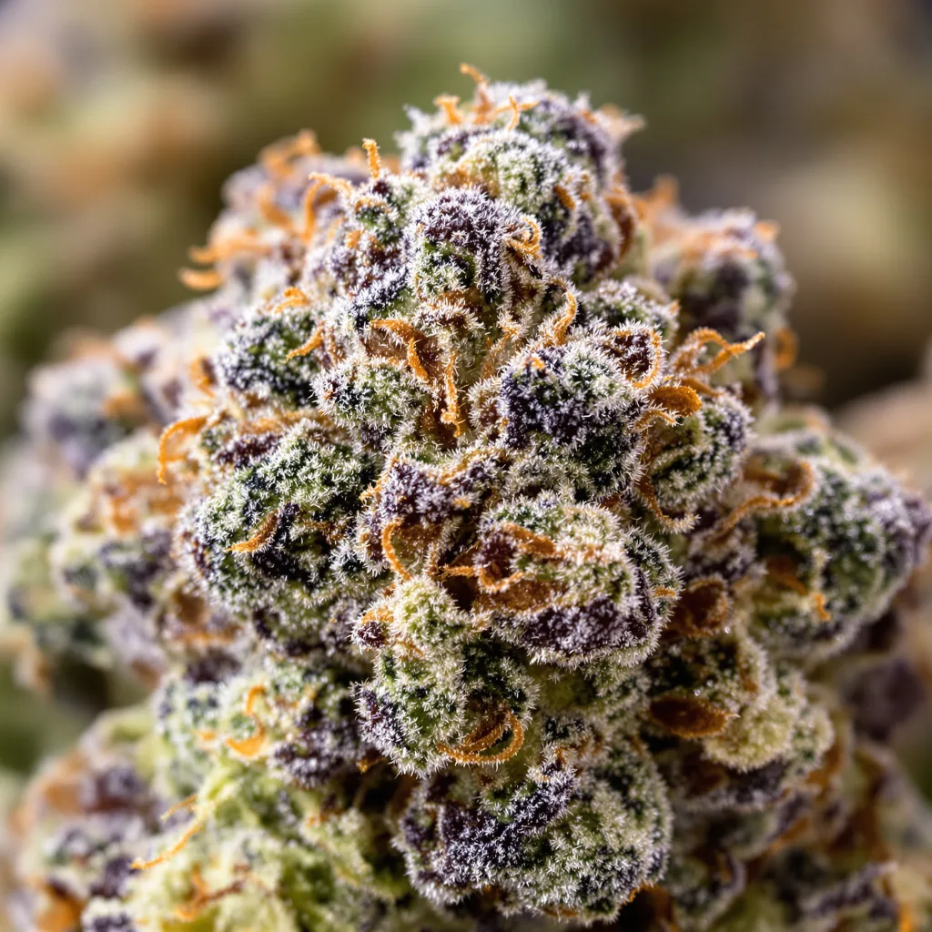 Primer plano de cogollo de cannabis Jelly Roll mostrando cálices densos con tonos morados