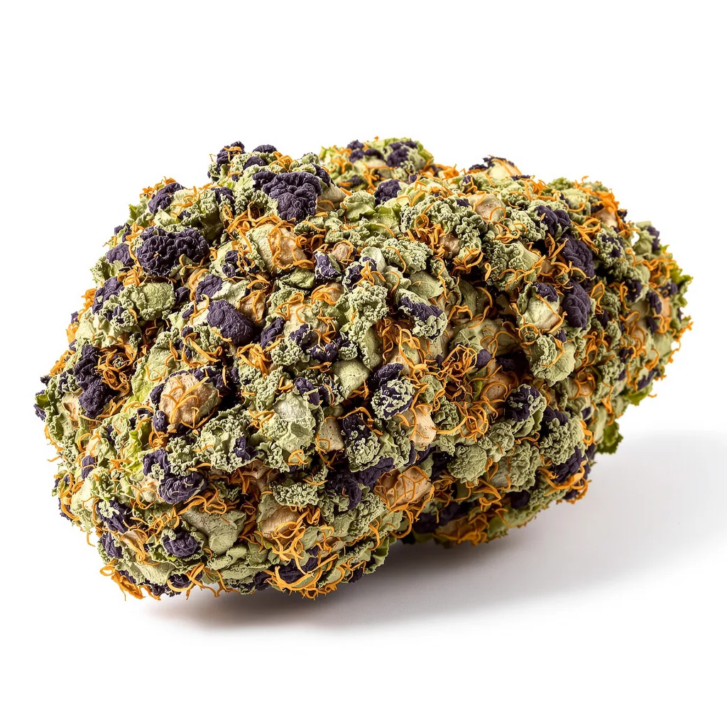 Jelly Roll 72% indica / 28% sativa — flor con tricomas visibles