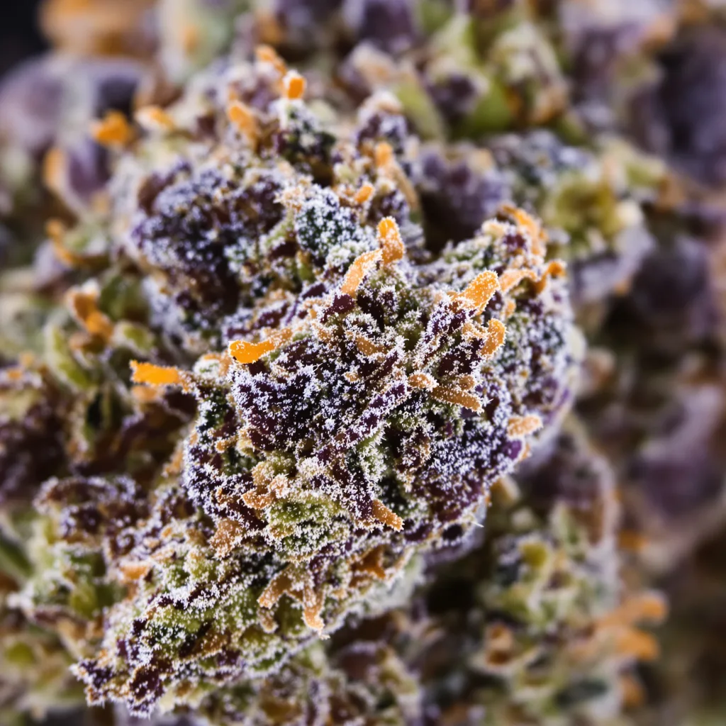 Primer plano de cogollo de cannabis Jelly Roll mostrando cálices densos con tonos morados