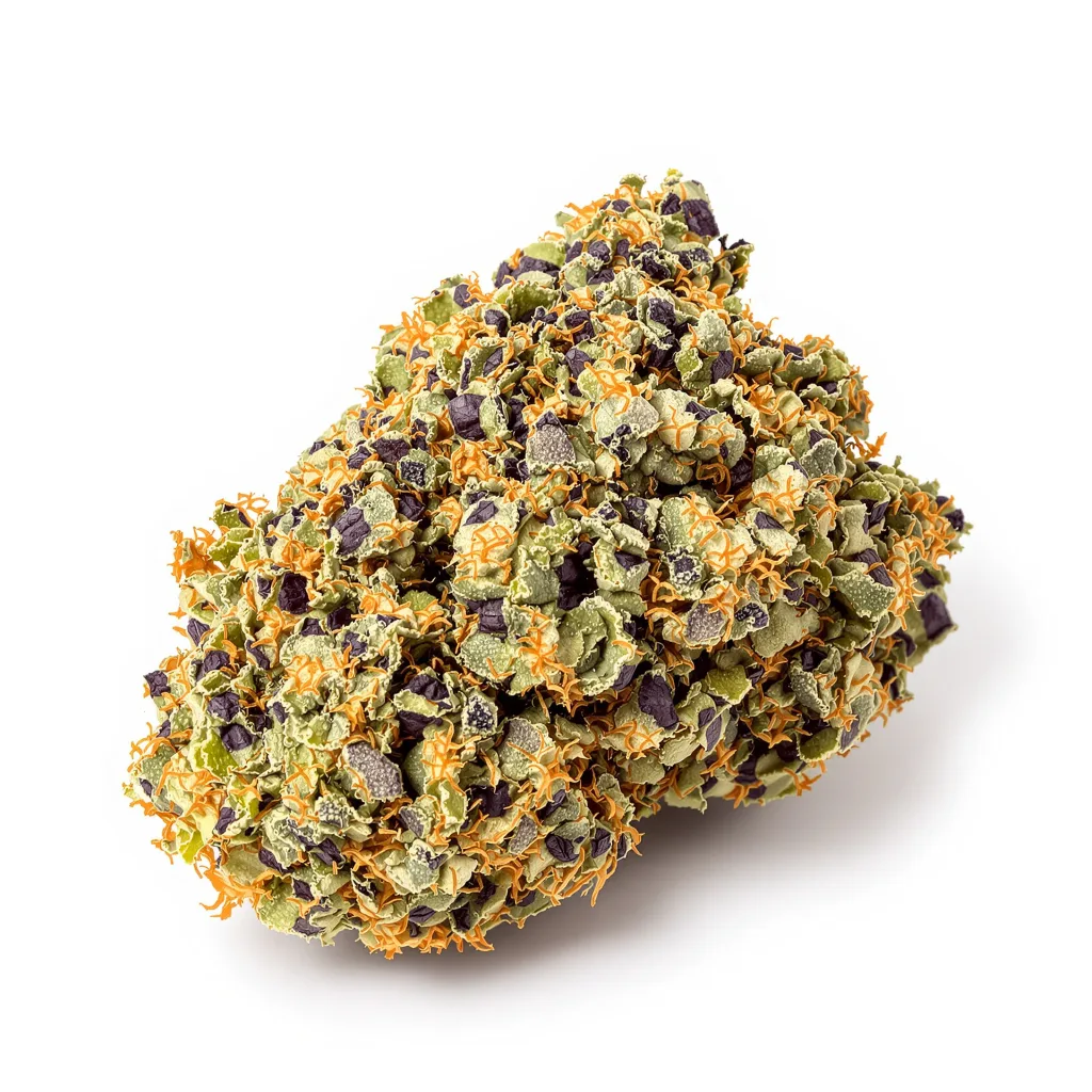 Jelly Roll 72% indica / 28% sativa — flor con tricomas visibles