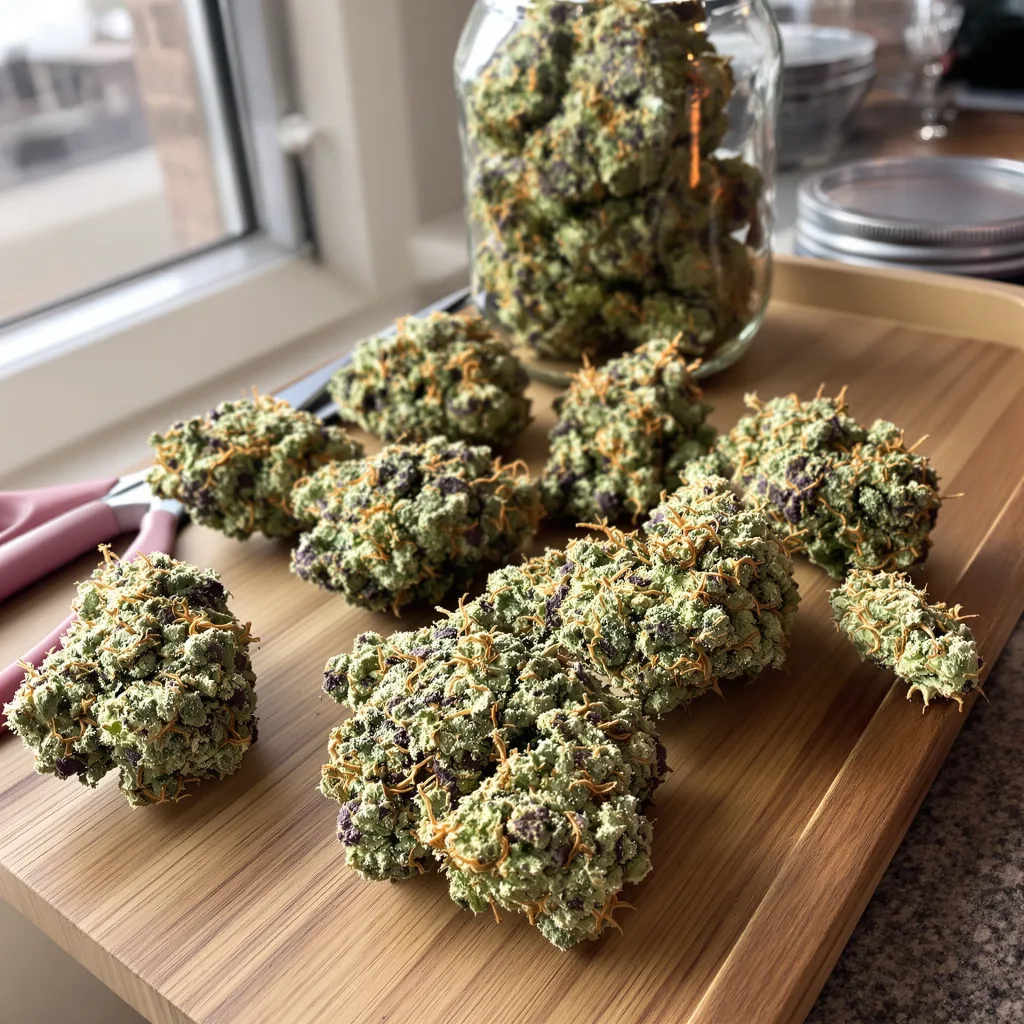 Jesus Juice 54% indica / 46% sativa — flor con tricomas visibles