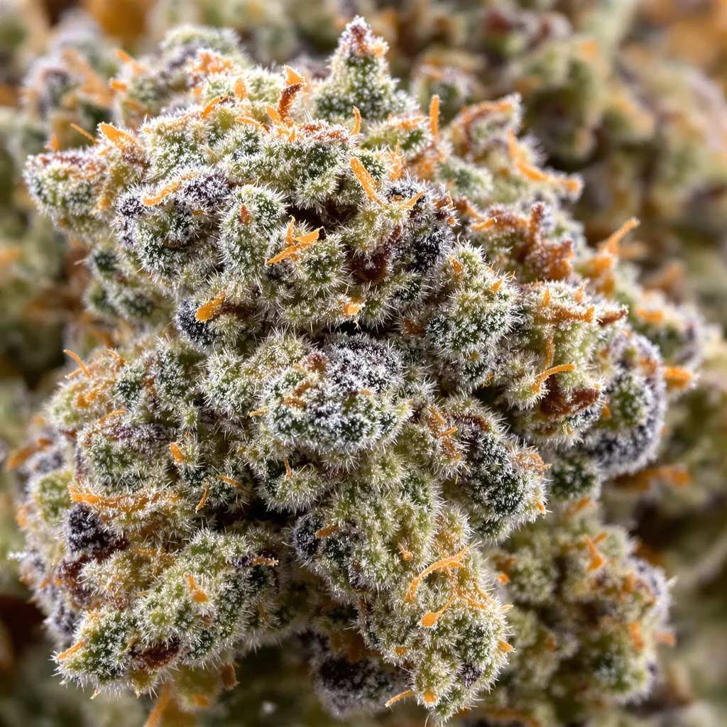Primer plano de cogollo de cannabis Jesus Juice mostrando estructura equilibrada con tricomas escarchados