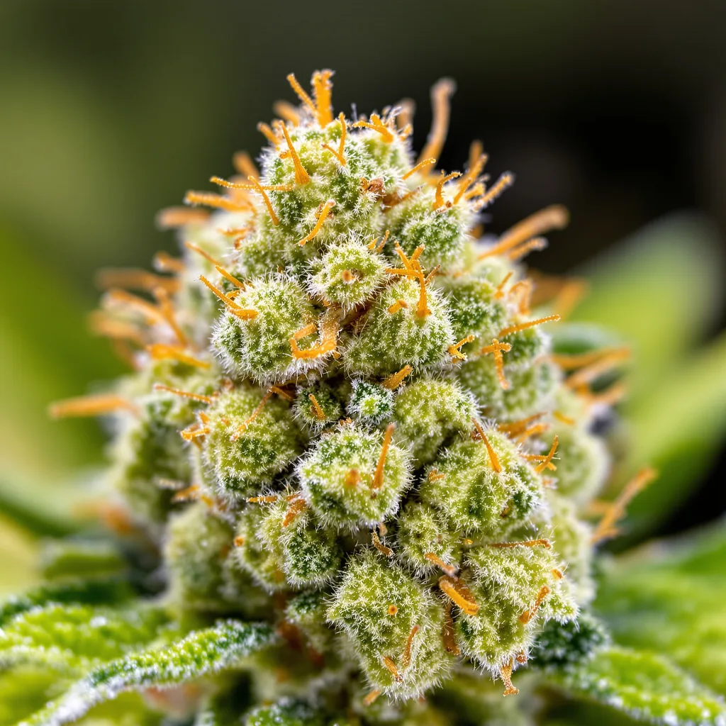 Primer plano de cogollo de cannabis Jesus OG mostrando estructura aireada verde lima