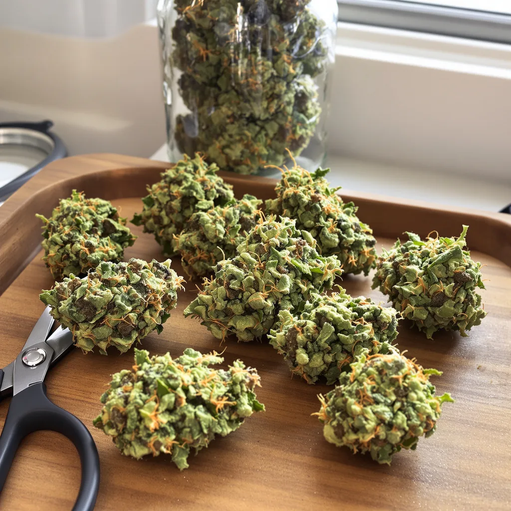 Jesus OG 30% indica / 70% sativa — flor con tricomas visibles