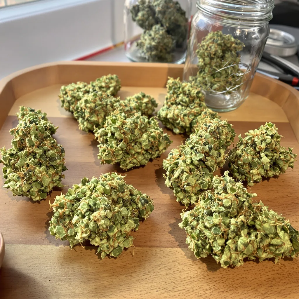 Jet Fuel 30% indica / 70% sativa — flor con tricomas visibles
