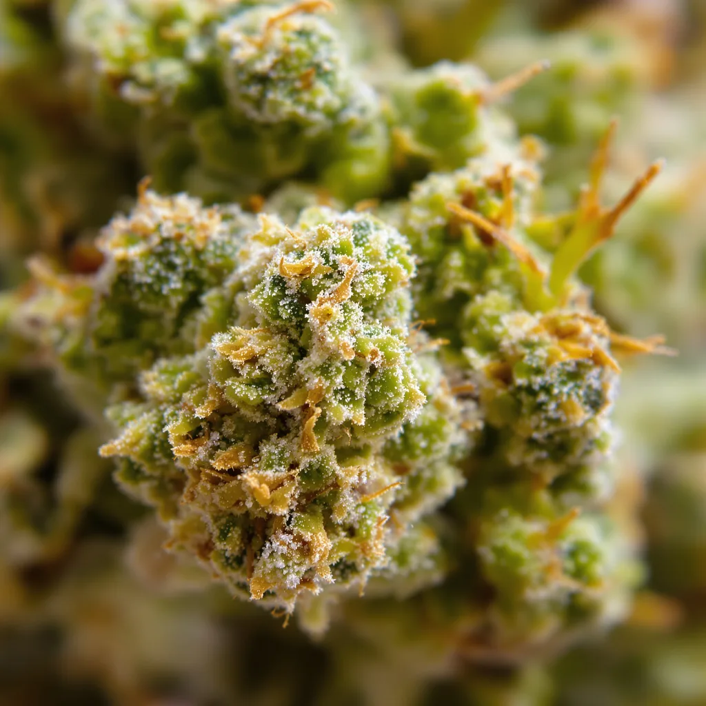 Primer plano de cogollo de cannabis Jet Fuel mostrando estructura aireada verde lima