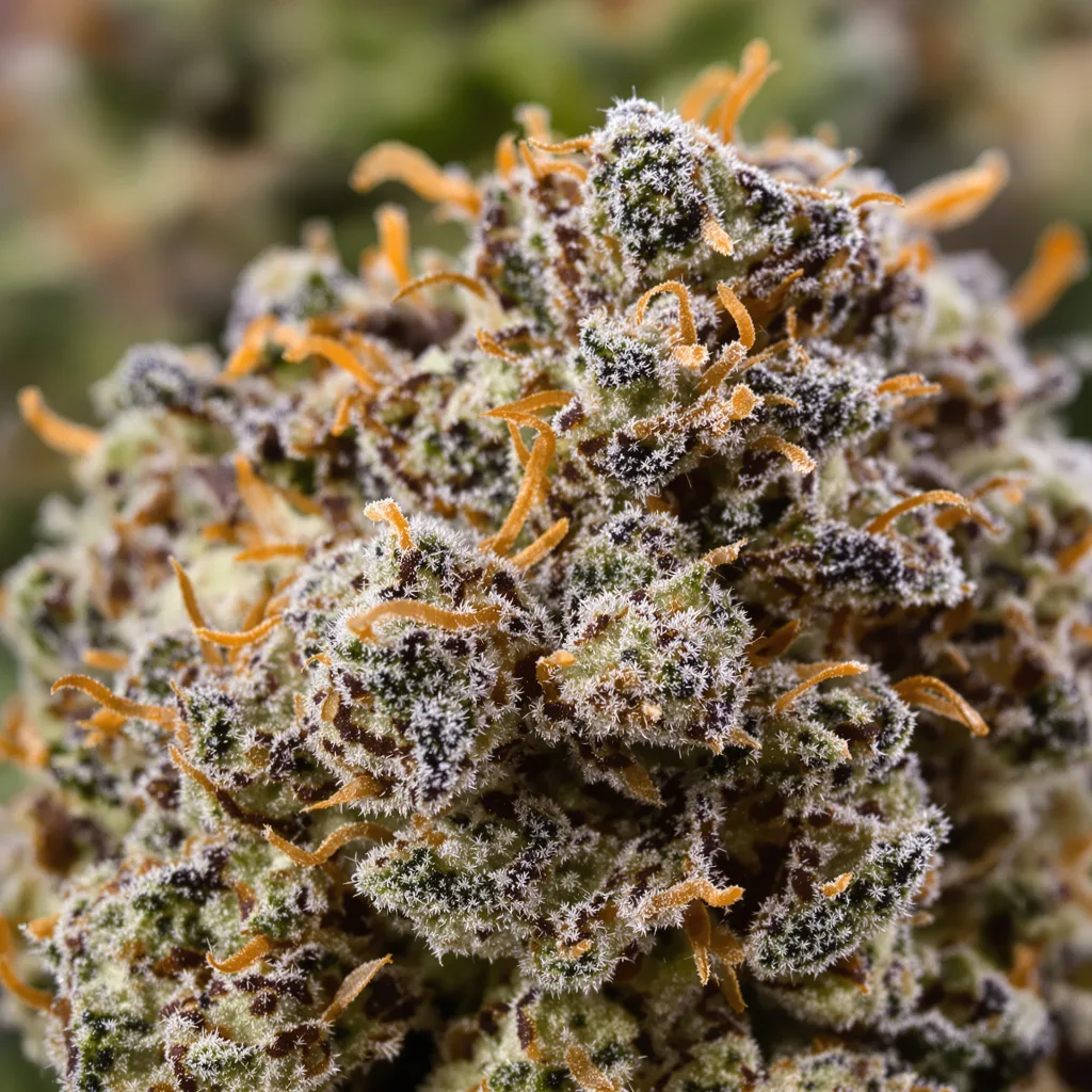 Primer plano de cogollo de cannabis Josh D OG mostrando cálices densos con tonos morados