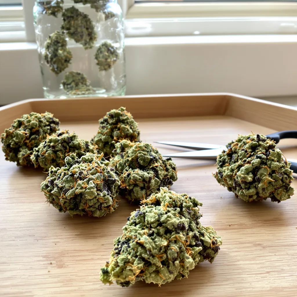Juicy Fruit 40% indica / 60% sativa — flor con tricomas visibles