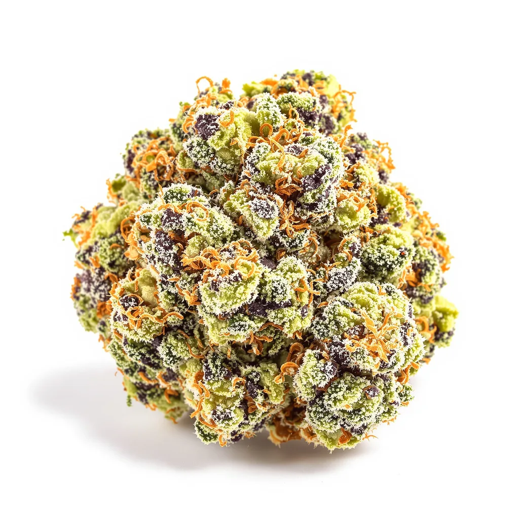 Juicy Fruit 40% indica / 60% sativa — flor con tricomas visibles