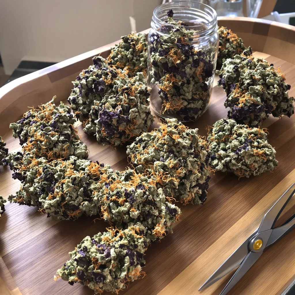 Jungle Cookie 66% indica / 34% sativa — flor con tricomas visibles