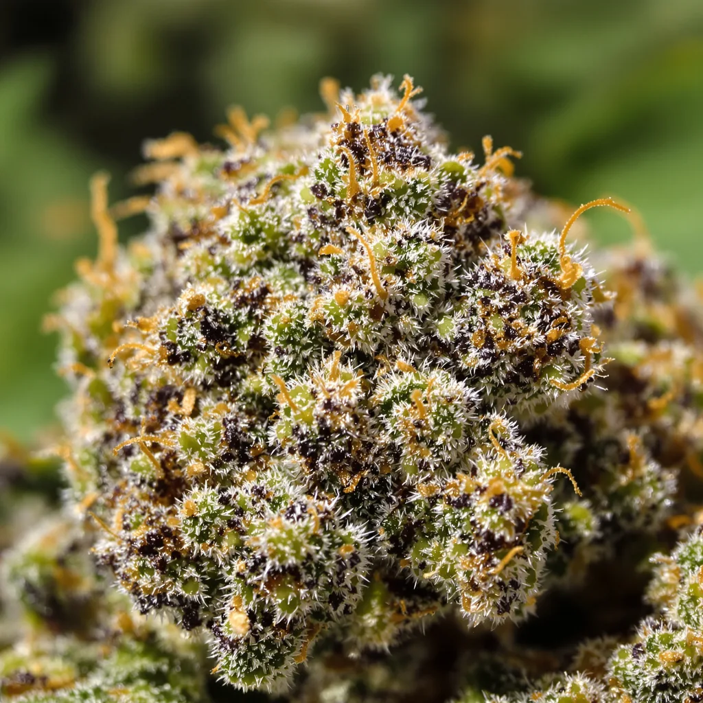 Primer plano de cogollo de cannabis Jungle Cookie mostrando cálices densos con tonos morados