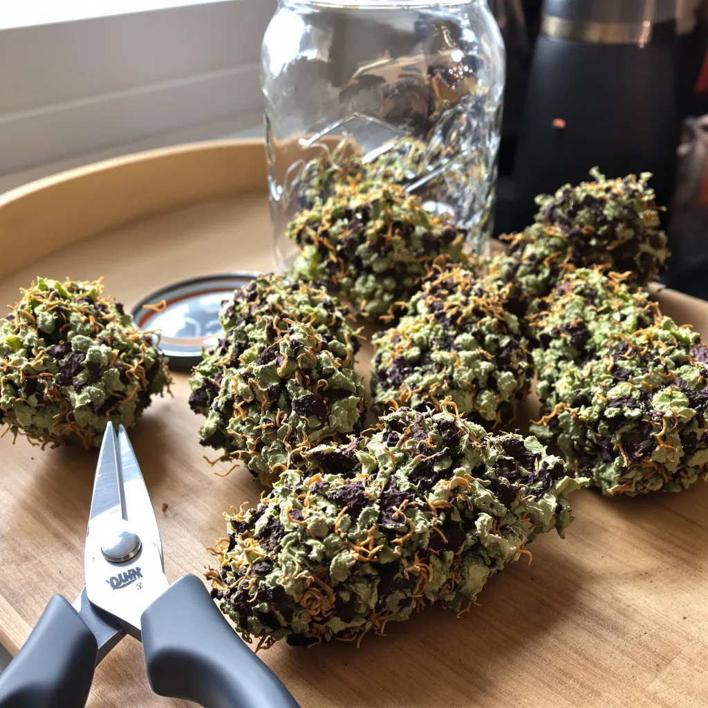 K-Train 69% indica / 31% sativa — flor con tricomas visibles