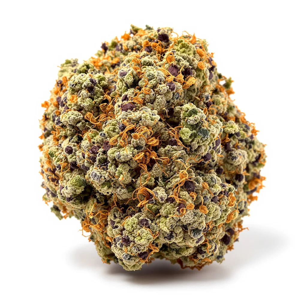 K-Train 69% indica / 31% sativa — flor con tricomas visibles