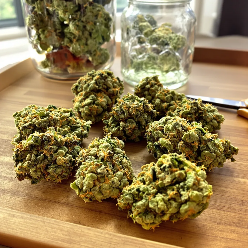 Kahuna 14% indica / 86% sativa — flor con tricomas visibles
