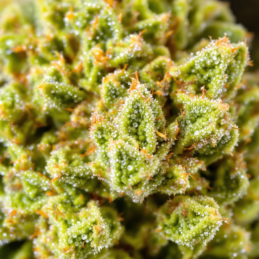 Primer plano de cogollo de cannabis Kahuna mostrando estructura aireada verde lima