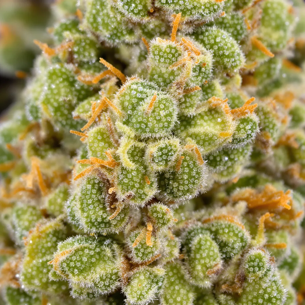 Primer plano de cogollo de cannabis Kahuna mostrando estructura aireada verde lima