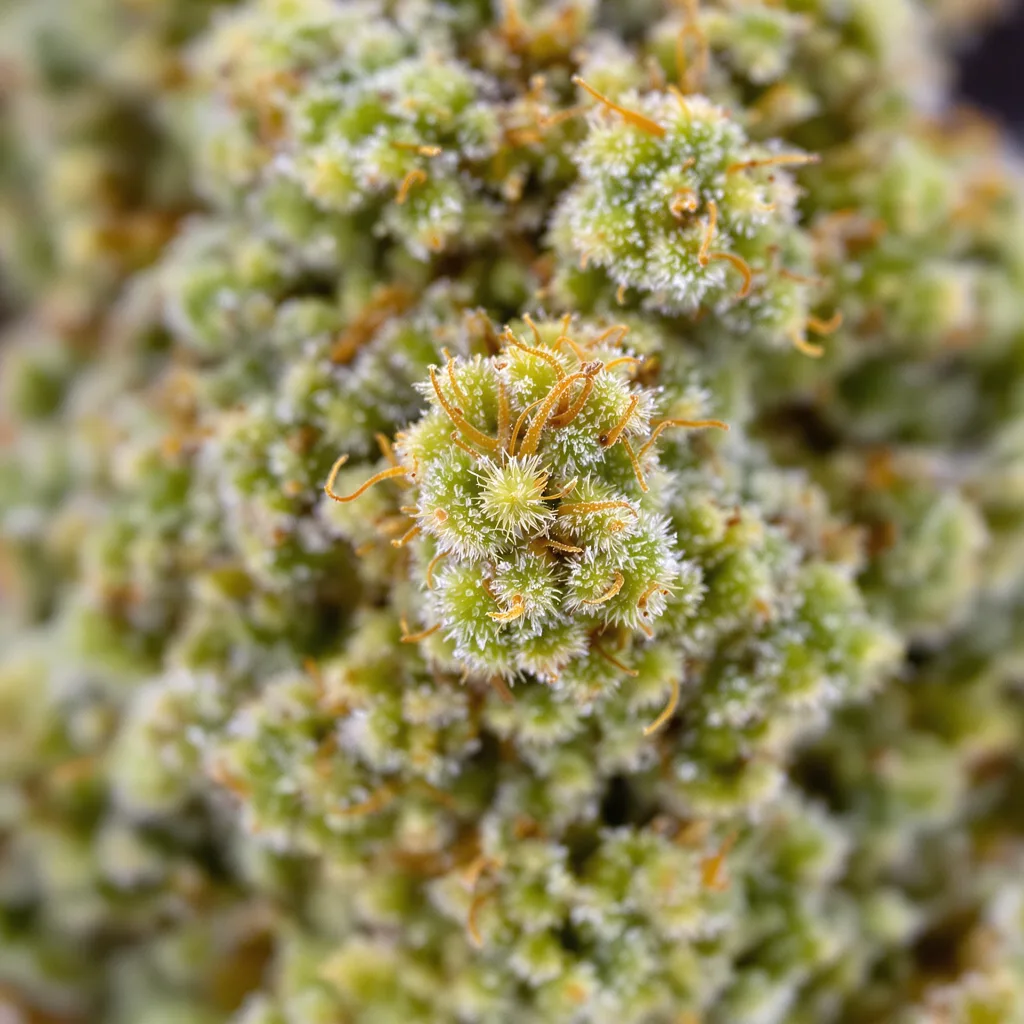 Primer plano de cogollo de cannabis Kali Dog mostrando estructura aireada verde lima